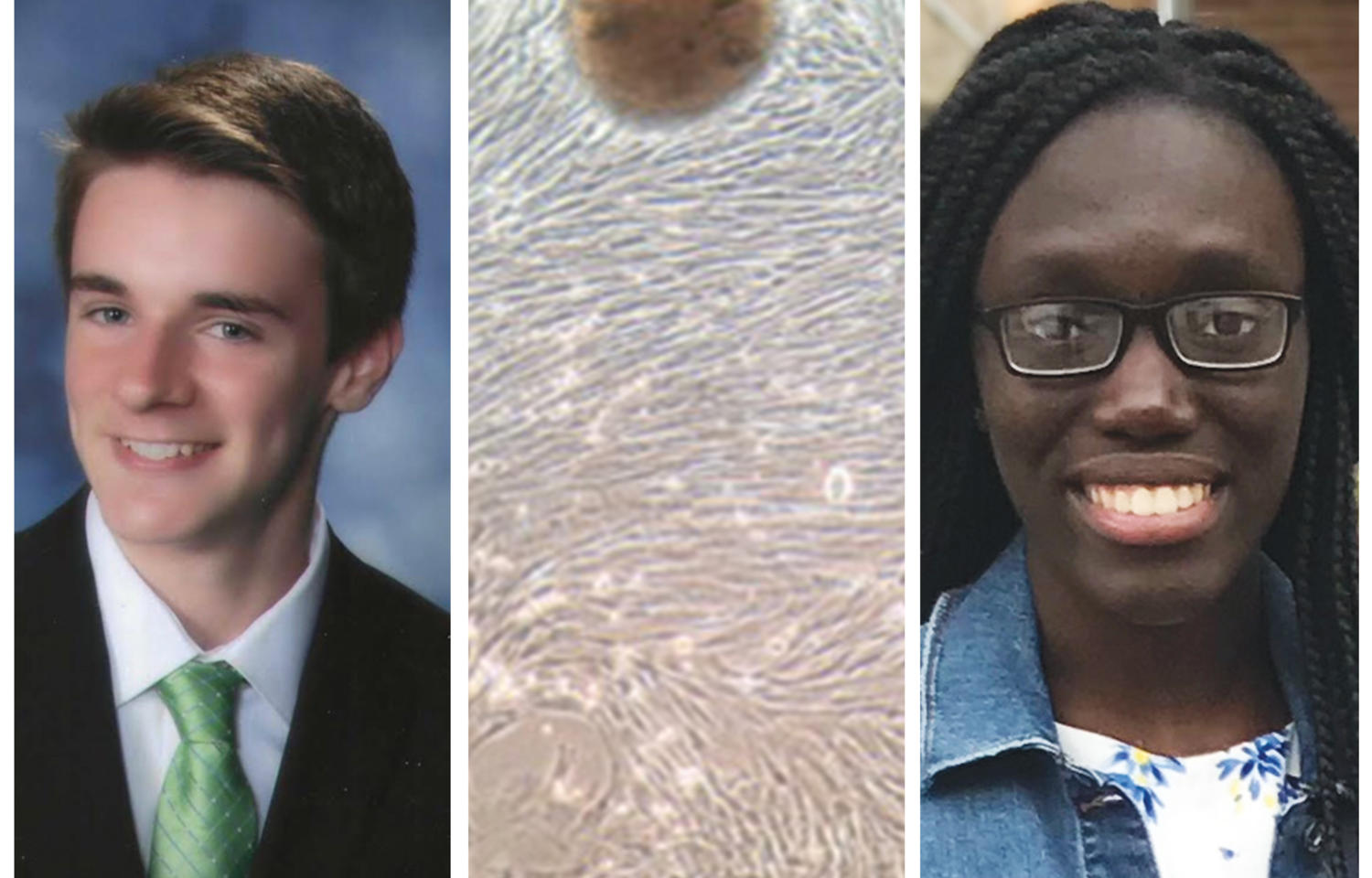 Ethan Trim '22 (left) and Nakesha Agyapong '22 (right) study lung stem cell aging in canines, such as this slide that depicts lung stem cells moving across a culture plate from a piece of lung tissue (center).