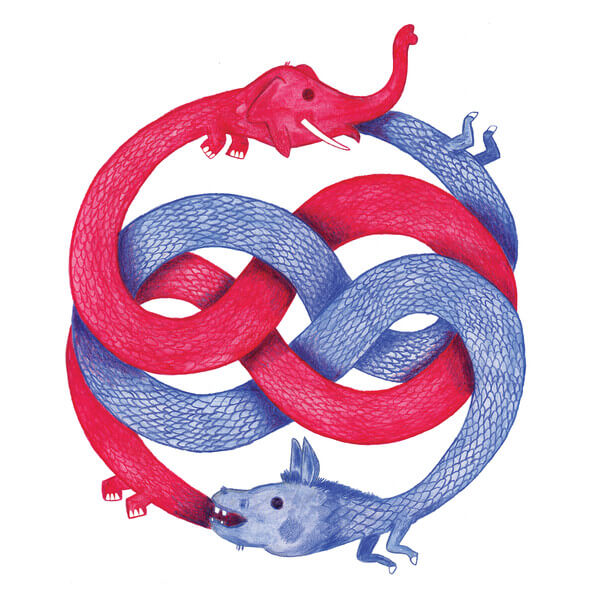 illustration of a donkey and elephant are snakes eating each other's tail