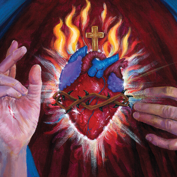 Painting of two hands around a heart on fire