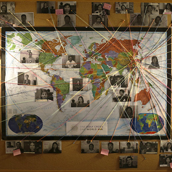 A map located in the international students office highlights the hometowns of international students that attend Holy Cross