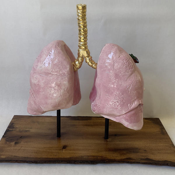 Ethan McGrath, Finding Atmosphere, 2023, Ceramic, wood, glaze, gold leaf, & wire