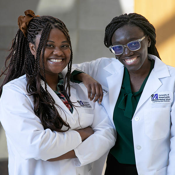 Edith Mensah Otabil ’19 (left) and Nakesha Agyapong ’22 work together at UMass Chan Medical School after participating in Holy Cross' First-Year Research Advancement Program.