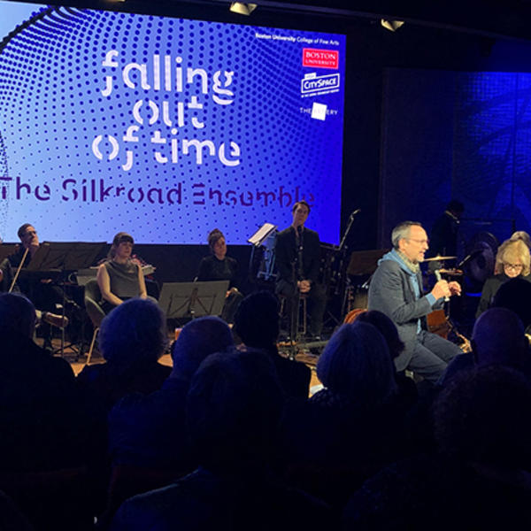 Osvaldo Golijov and the members of the Silkroad Ensemble are shown here during a conversation about the song cycle "Falling Out of Time" at WBUR's CitySpace, and moderated by NPR's Robin Young. Photo by Meghan Schatz