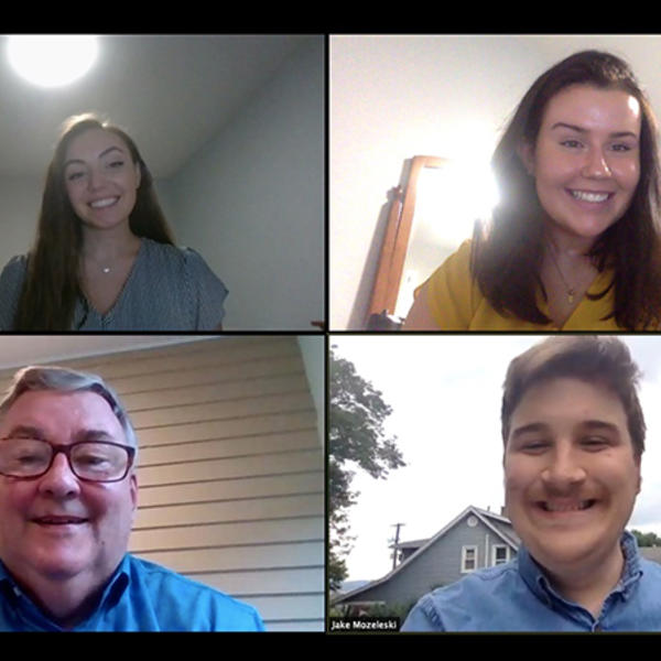 Caroline Fredericks '21, Caitlin Marple '21, and Jake Mozeleski '22 conduct a zoom call with coach Edward McDermott '79.