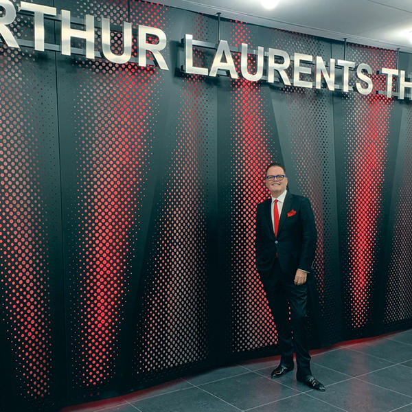 Saint stands in front of the new Arthur Laurents Theater at the George Street Playhouse in New Brunswick, New Jersey, his artistic home of 23 years.