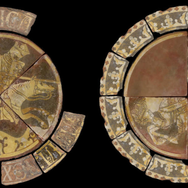 Richard and Saladin with Latin text surrounds; combat series Chertsey tiles, c. 1250-1300, England, (British Museum, earthenware floor tiles, lead-glazed with inlaid slip decoration).