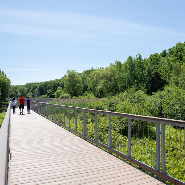 a walkway crosses the Blackstone Gateway Park