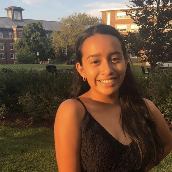 Bryceida Valencia '23 smiles on the Holy Cross campus.