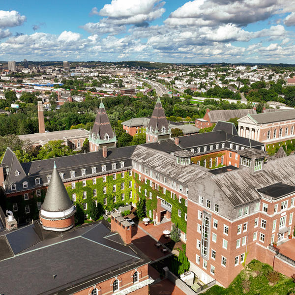 An aerial photo of a series of brick buildings