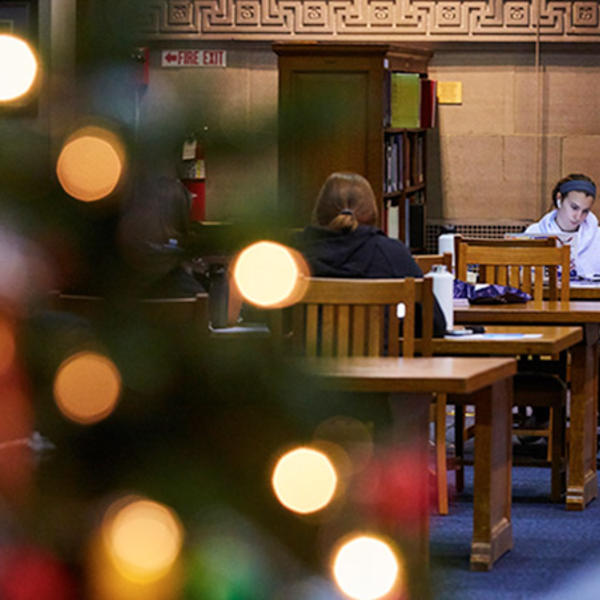 Students in the library at Christmastime