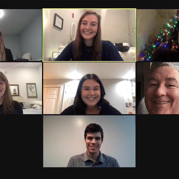 (Left to right) Caroline Fredericks '21, Bridget Whelpley '21, Jake Mozeleski '22, Alison Emery '23, Caitlin Marple '21, Ed McDermott ’79 P10 P13, and Angelo Carbone '22.