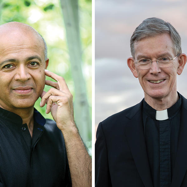 A side by side photo of Abraham Verghese and Rev. Philip Boroughs