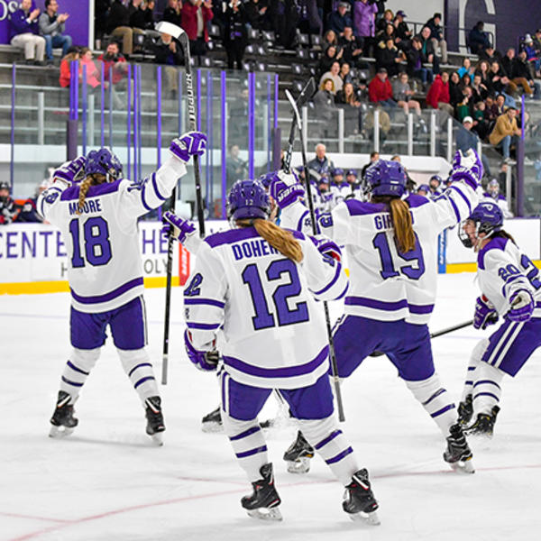 The Holy Cross women’s ice hockey team shown here during a home game. Photo by Mark Seliger Photography