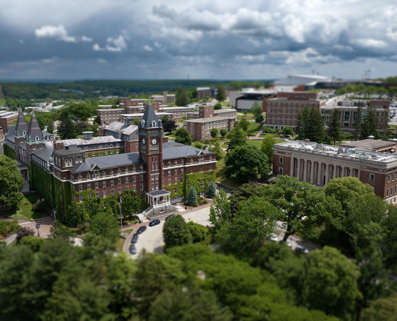 aerial drone image of the Holy Cross and surrounding Worcester, MA