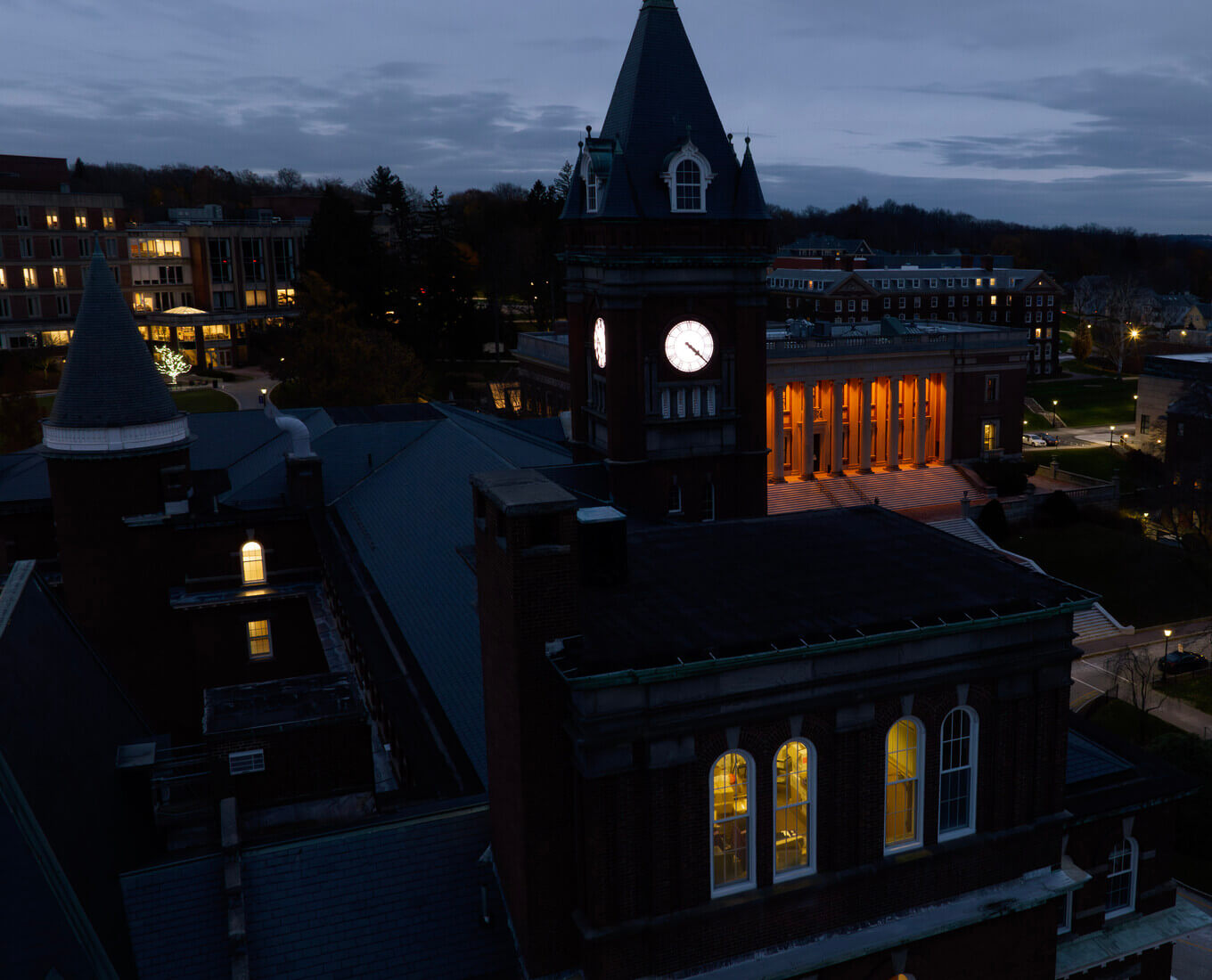 A brick building at dusk