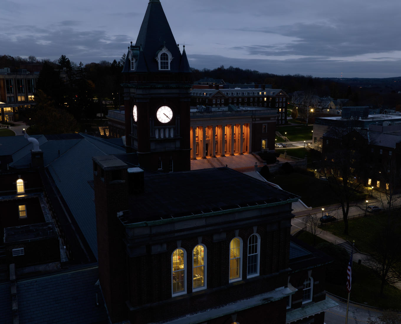 A brick building at dusk