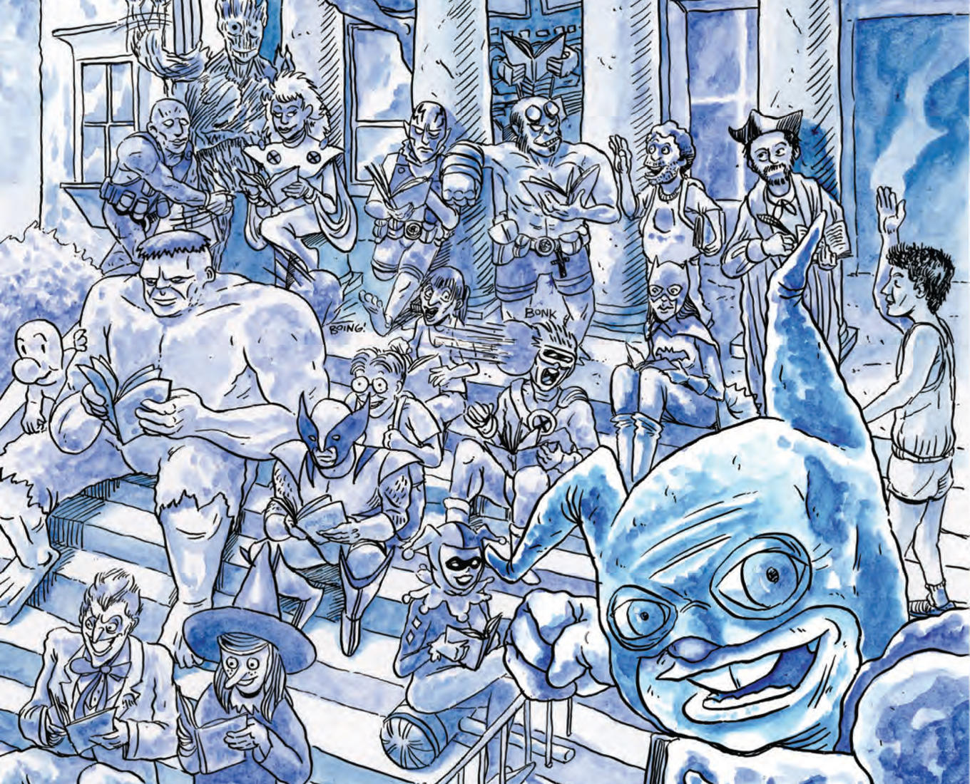 illustrated super heroes sitting on steps reading comics 
