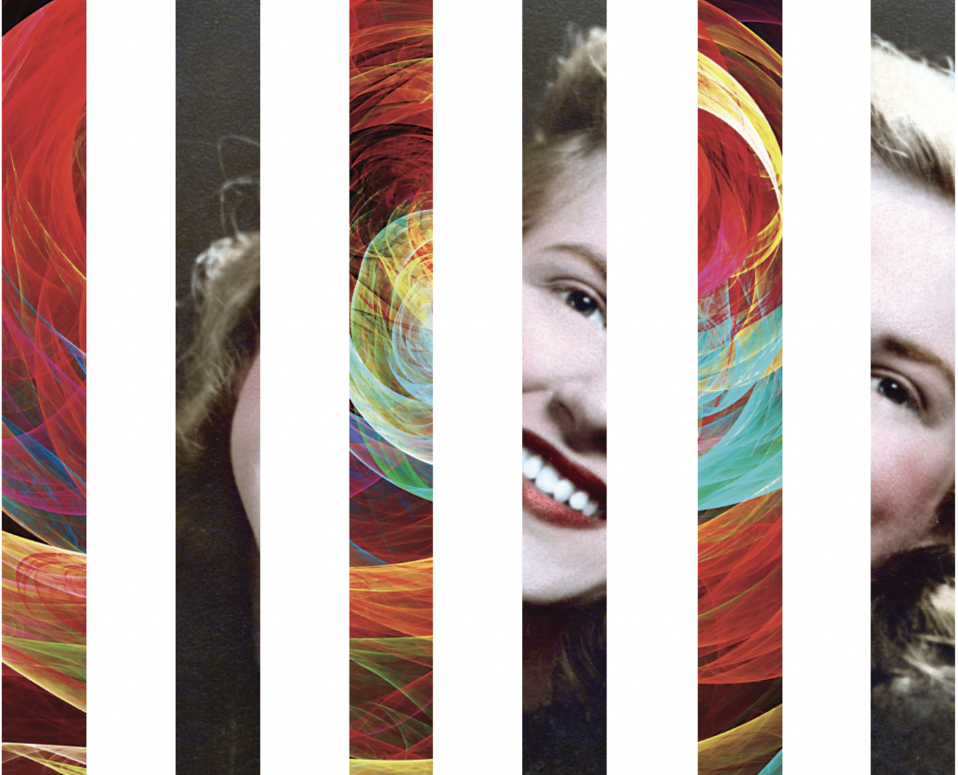 A headshot of a woman divided into six vertical segments