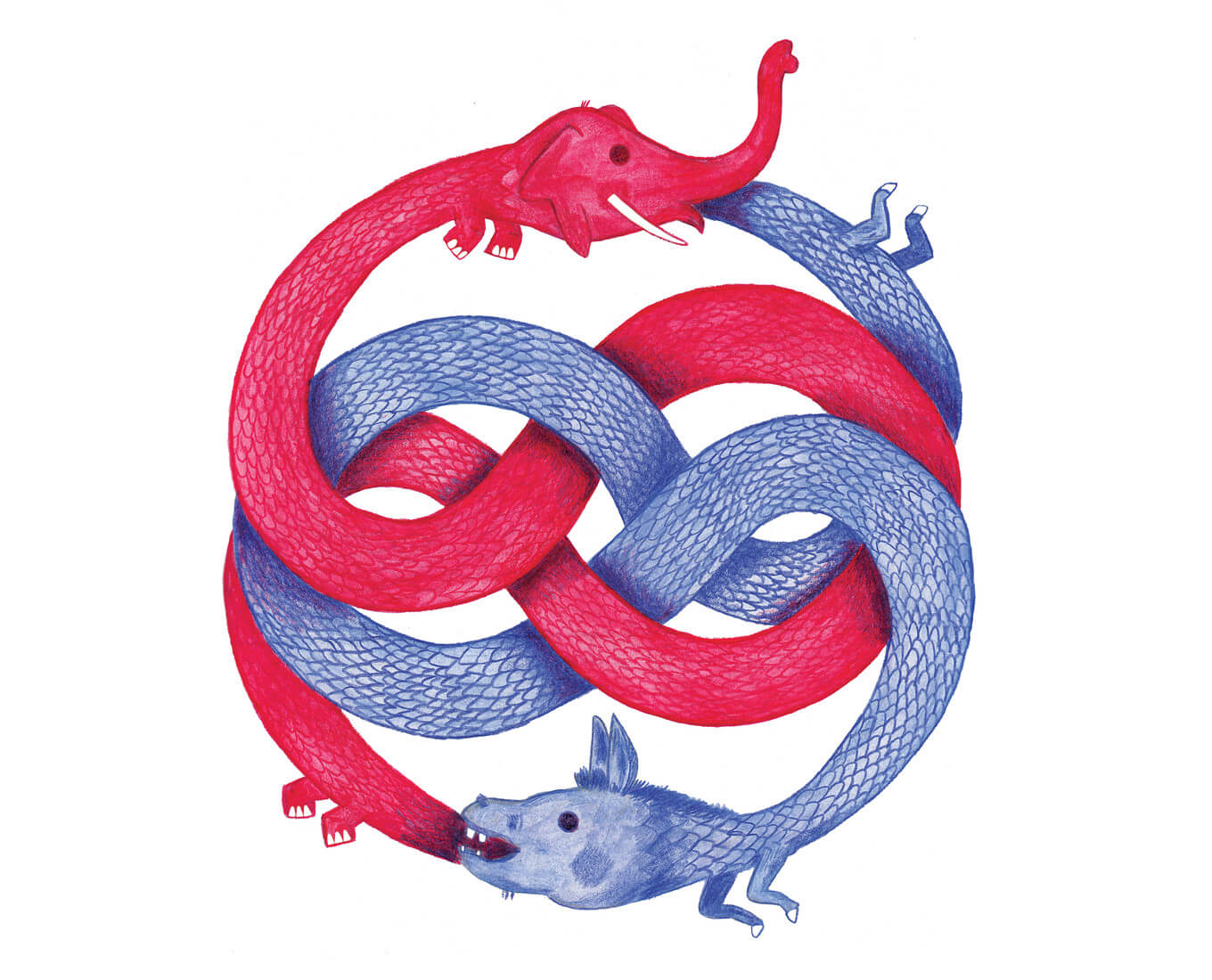 illustration of a donkey and elephant are snakes eating each other's tail