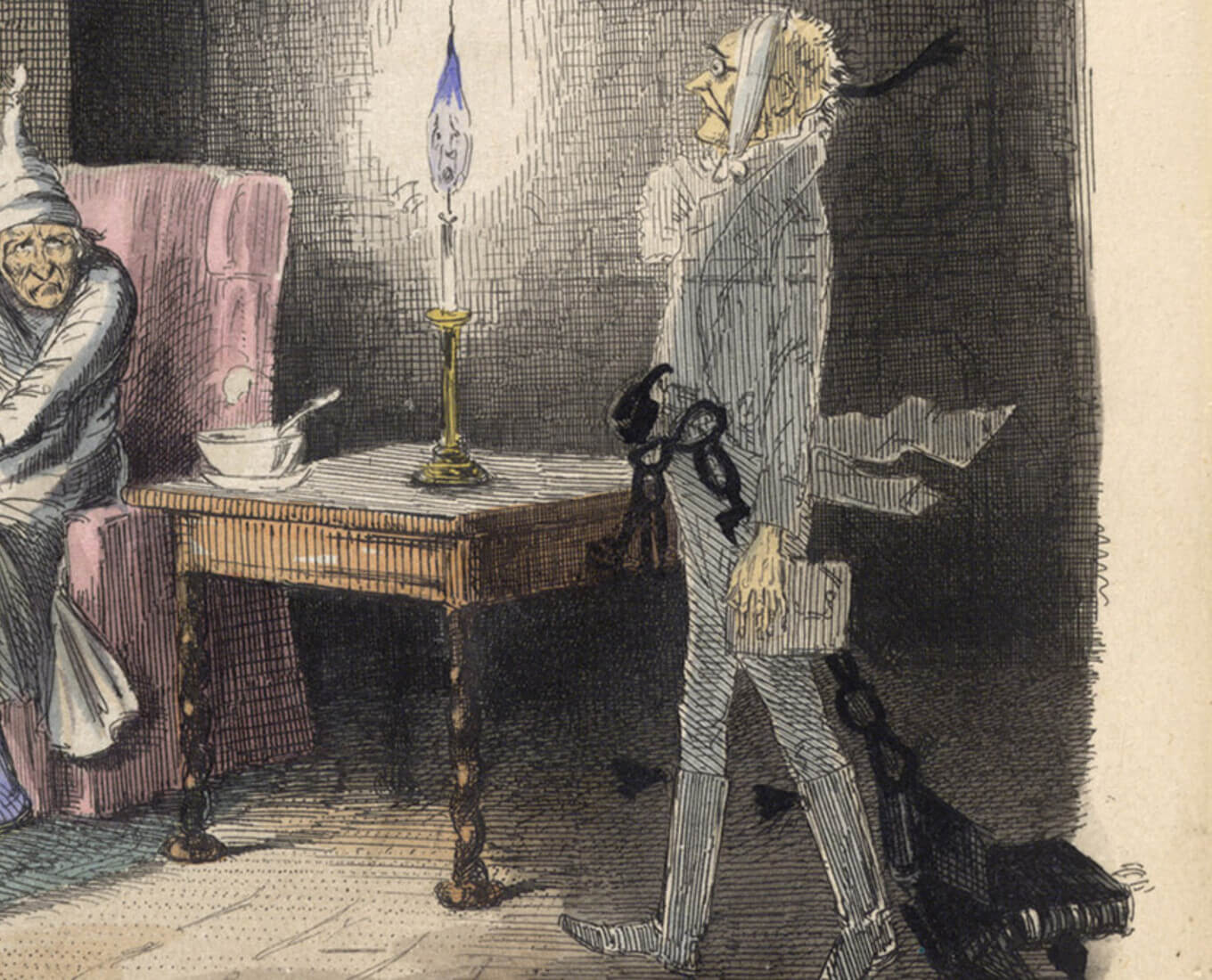 Man by fire in room with ghost of a man