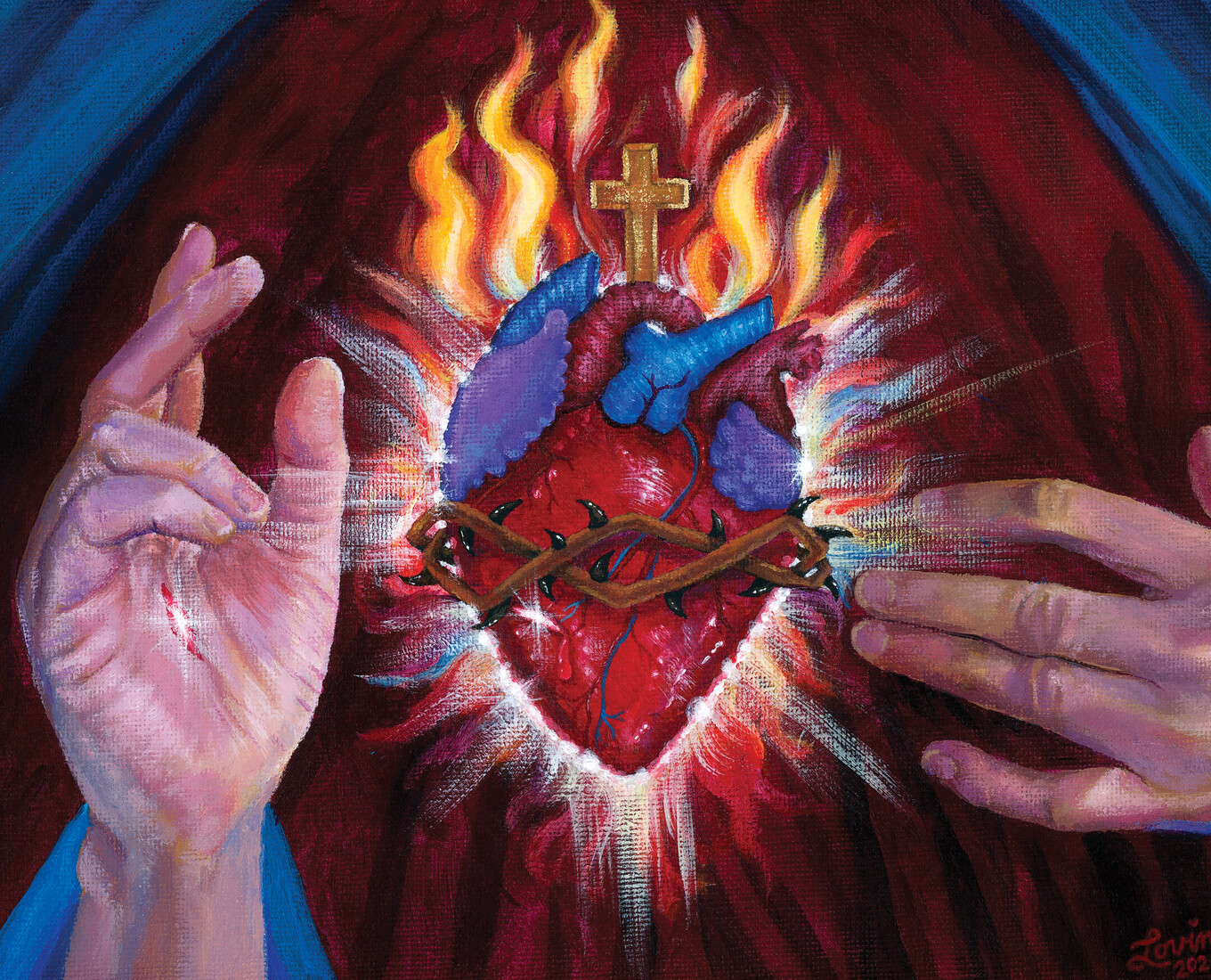 Painting of two hands around a heart on fire
