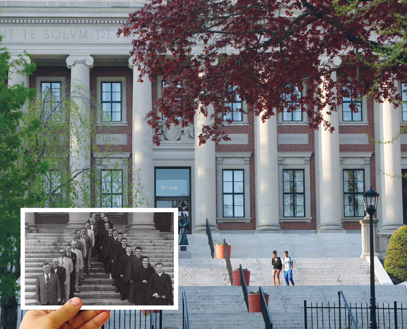 Historic photo of Dinand Library inset over current photo