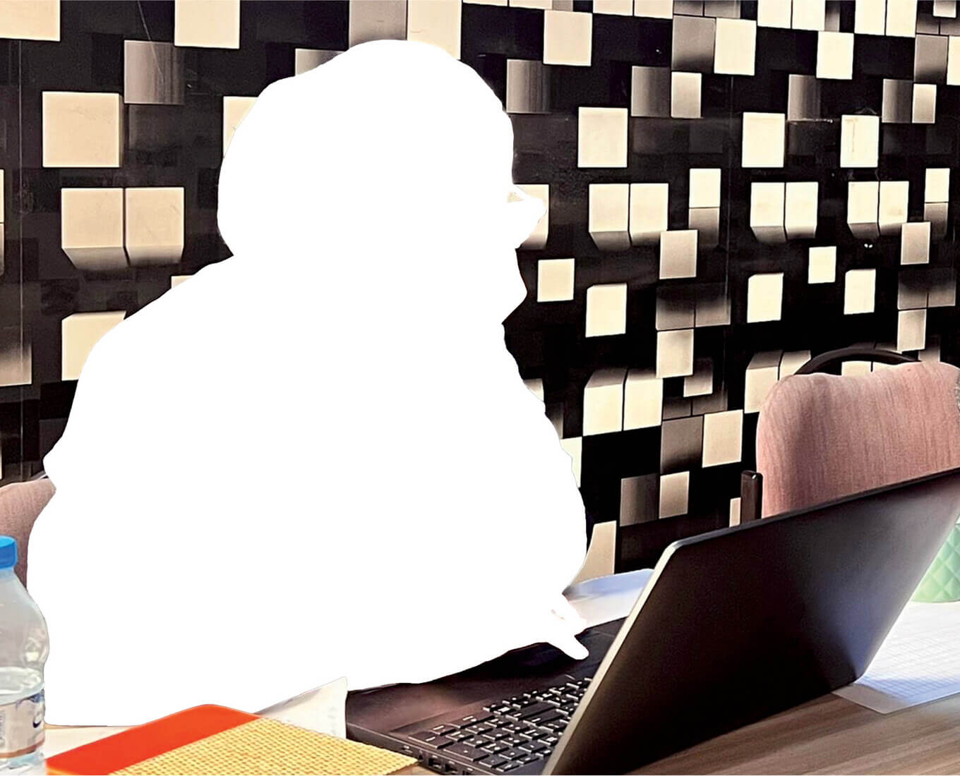Silhouette of a young woman on her laptop