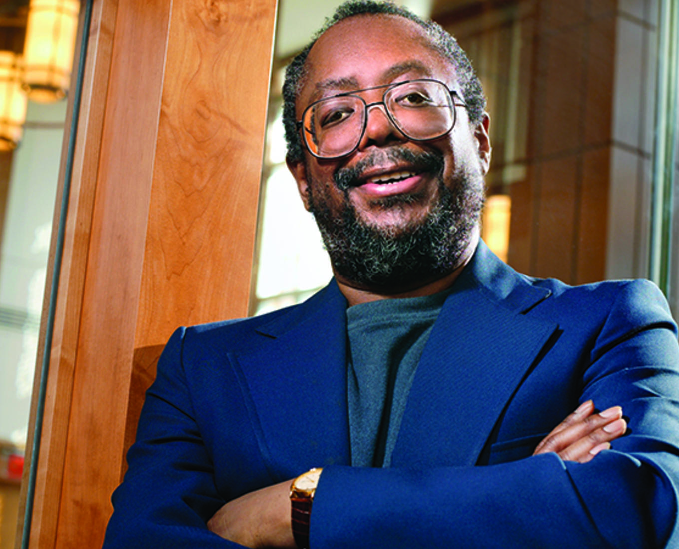 Edward P. Jones ’72 is seen here outside Rehm Library on campus, where Jones returned in 2004 to give a reading and meet with students. Photo by Dan Vaillancourt