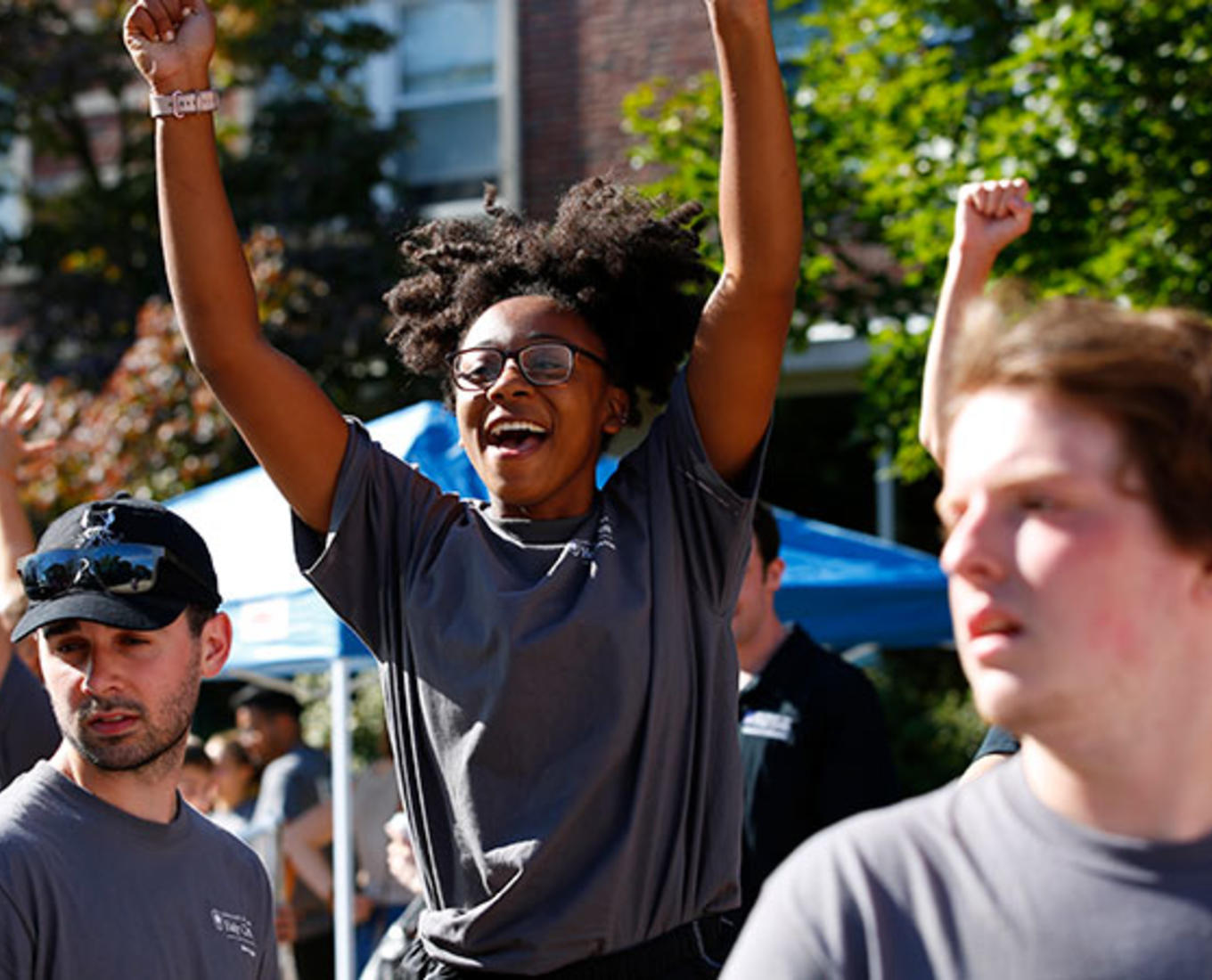 a student cheers