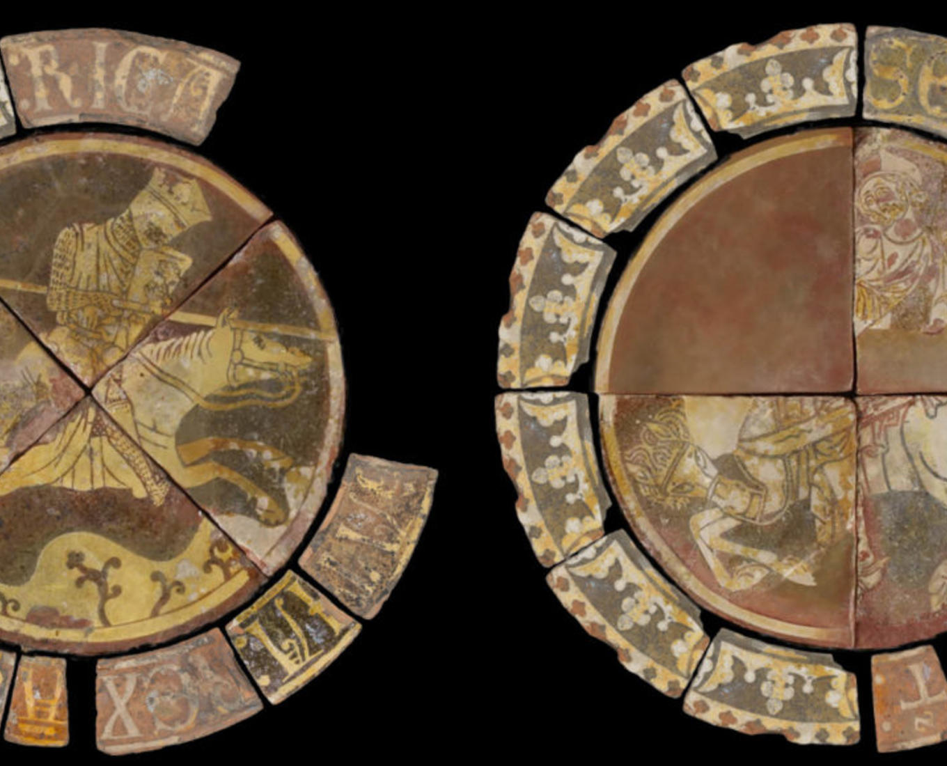 Richard and Saladin with Latin text surrounds; combat series Chertsey tiles, c. 1250-1300, England, (British Museum, earthenware floor tiles, lead-glazed with inlaid slip decoration).