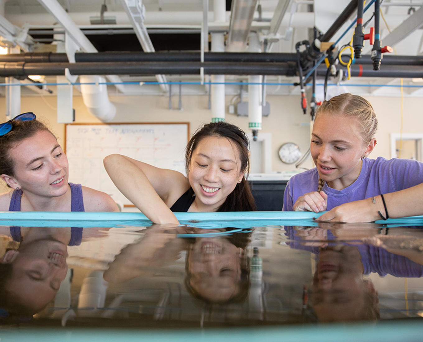 Three students reach into a water tank at the lab.