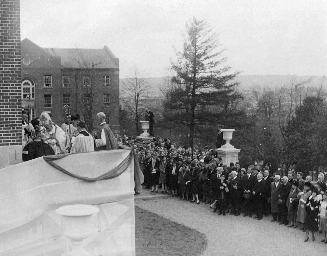 Black and white photo of cornerstone blessing